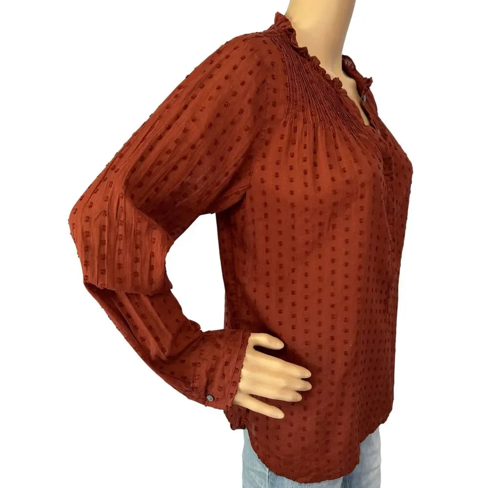 J. Crew Point Sur Ruffle Classic Popover in Clip Dot Deep Redwood Size 4